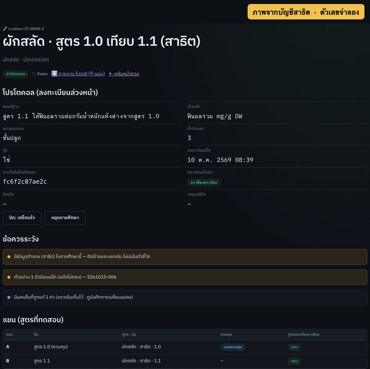 หน้าการทดลองเทียบสูตรของแอป NÜXGROW จากบัญชีสาธิต แสดงโปรโตคอลที่ลงทะเบียนล่วงหน้าและตัวชี้วัดต่อแขน